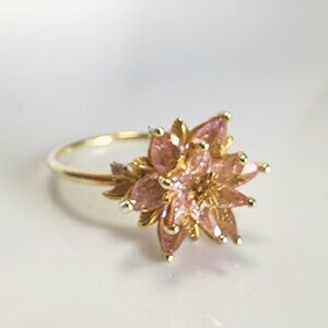 Gold-plated Sterling Silver Lotus Flower Pink Quartz US SZ 7